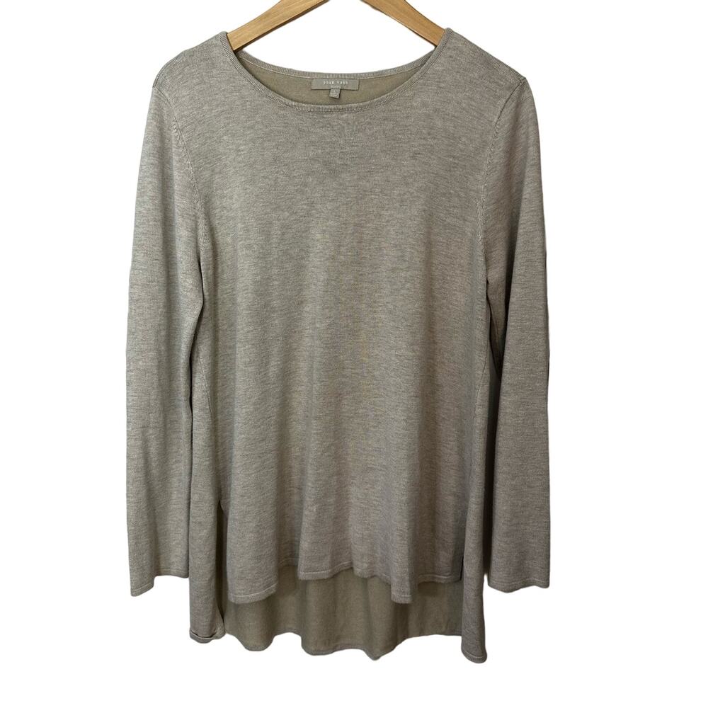 Joan Vass Women's Knit Top Size L Long Sleeve Round Neck Hi Low Beige Oatmeal